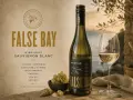 Butelka i kieliszek wina False Bay Sauvignon Blanc, z winogronami i muszlami. Poprawna sauvignon blanc wymowa to klucz do delektowania się tym winem.