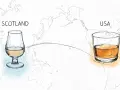 Szkocka whisky w kieliszku i amerykańska w szklance na tle mapy świata. Różne rodzaje whisky, różne kontynenty.