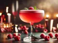 Elegancki Clover Club cocktail, ozdobiony maliną i miętą, otoczony świeżymi malinami.