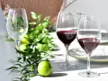 Dwa kieliszki z czerwonym winem, zielone limonki i gałązki tworzą elegancką kompozycję. Idealna sceneria, by dowiedzieć się, jak pić porto.