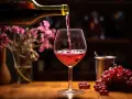 Czerwone, mocne wino z winogron nalewa się do kieliszka. Obok kiść winogron i kwiaty.