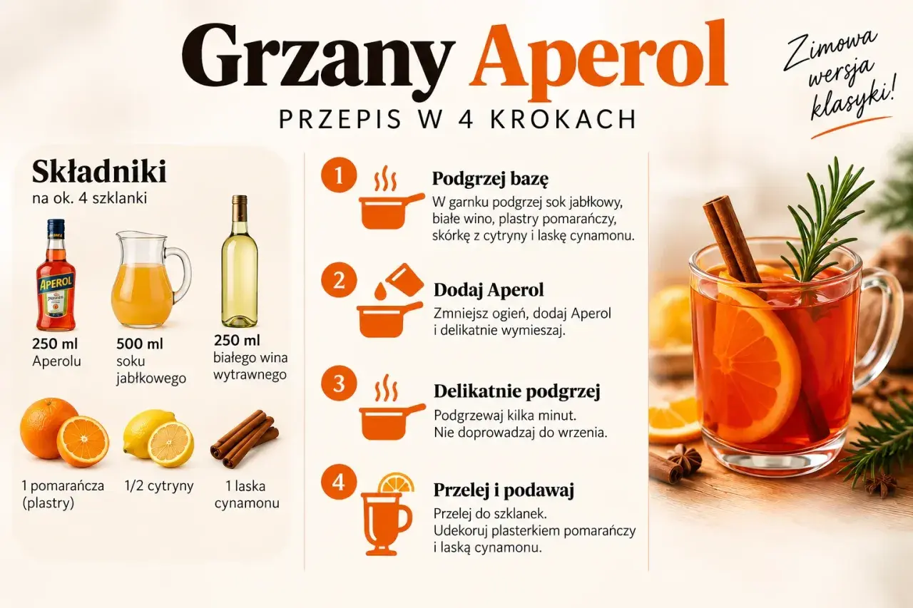 Przepis na grzany Aperol: składniki i 4 kroki do przygotowania rozgrzewającego napoju z pomarańczą i cynamonem.