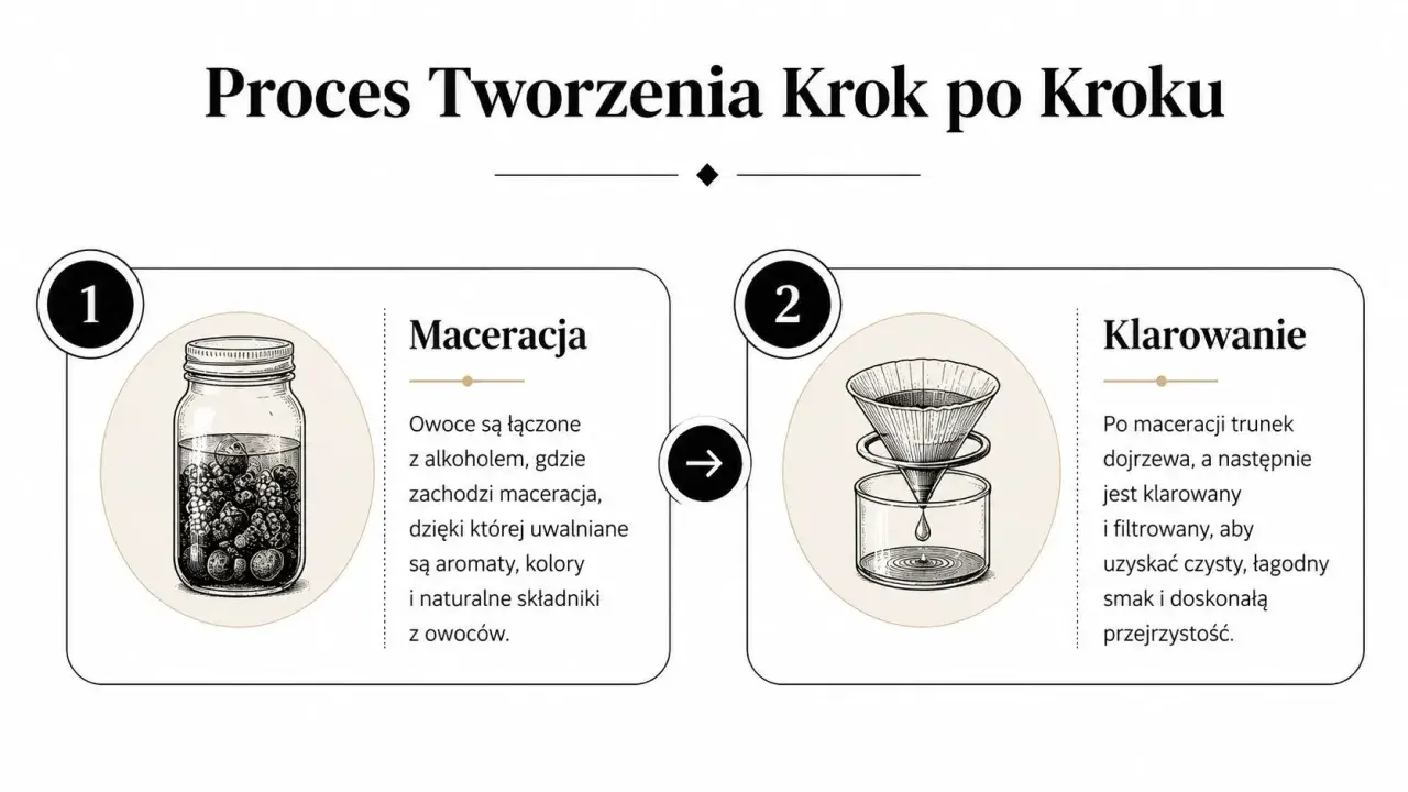 Proces tworzenia nalewki z malin: maceracja owoców z alkoholem w słoju, a następnie klarowanie i filtrowanie trunku.