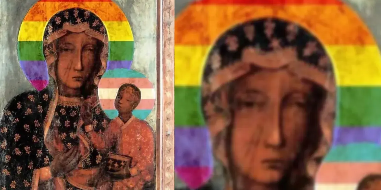 Obraz Matki Boskiej z Dzieciątkiem w tęczowej aureoli i z symbolem osób transpłciowych. Czy to wino Maryjka ile procent?