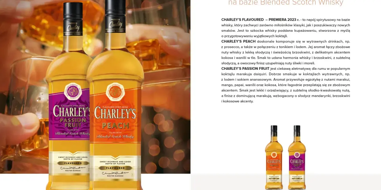 Dwie butelki Charley's Flavoured: brzoskwiniowa i marakuja. Opinie o Charley's whisky sugerują bogactwo smaków.