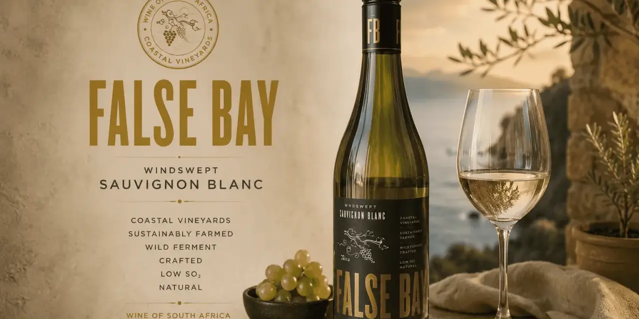 Butelka i kieliszek wina False Bay Sauvignon Blanc, z winogronami i muszlami. Poprawna sauvignon blanc wymowa to klucz do delektowania się tym winem.
