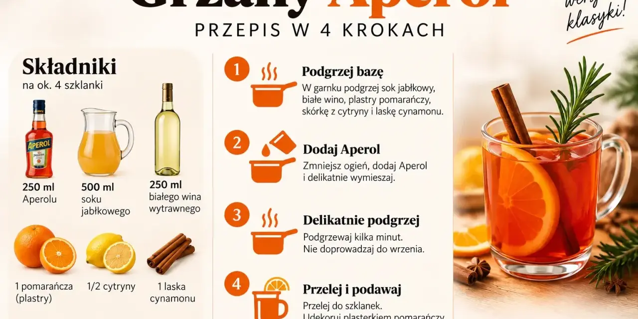 Przepis na grzany Aperol: składniki i 4 kroki do przygotowania rozgrzewającego napoju z pomarańczą i cynamonem.