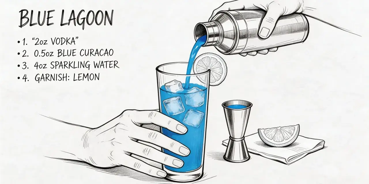 Niebieski alkohol, czyli Blue Lagoon, jest przelewany z shakera do szklanki z lodem. Obok leży cytryna i miarka barmańska.