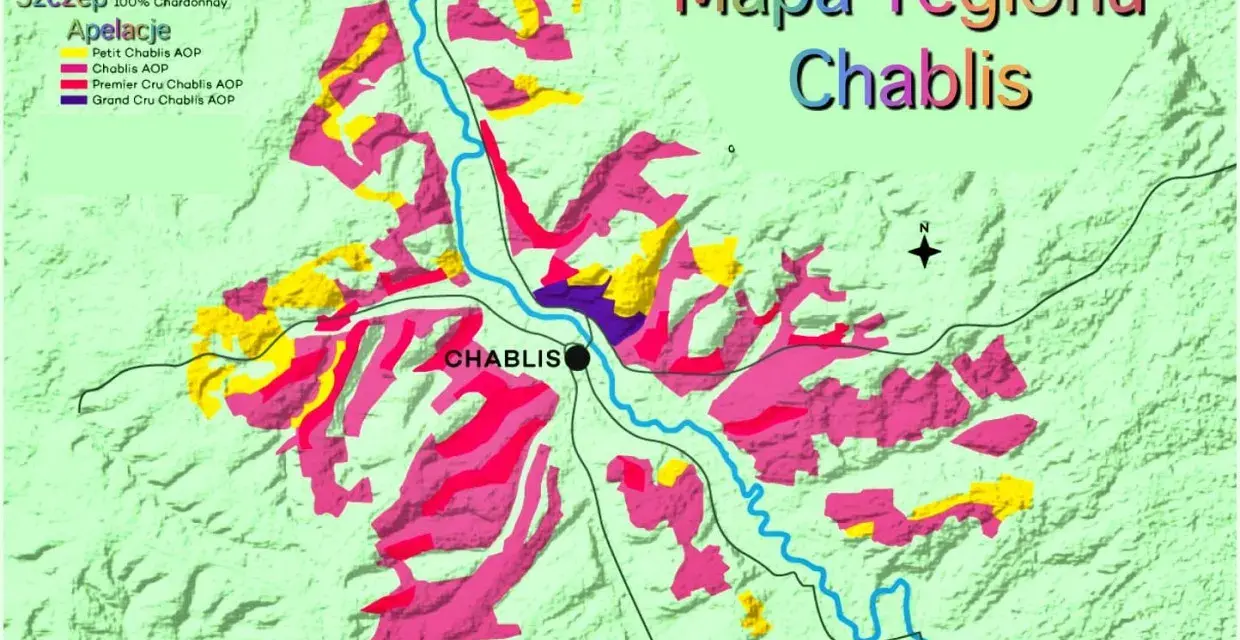 Mapa regionu Chablis, gdzie winorośl Chardonnay tworzy wina o różnych apelacjach: Petit Chablis, Chablis, Premier Cru i Grand Cru.