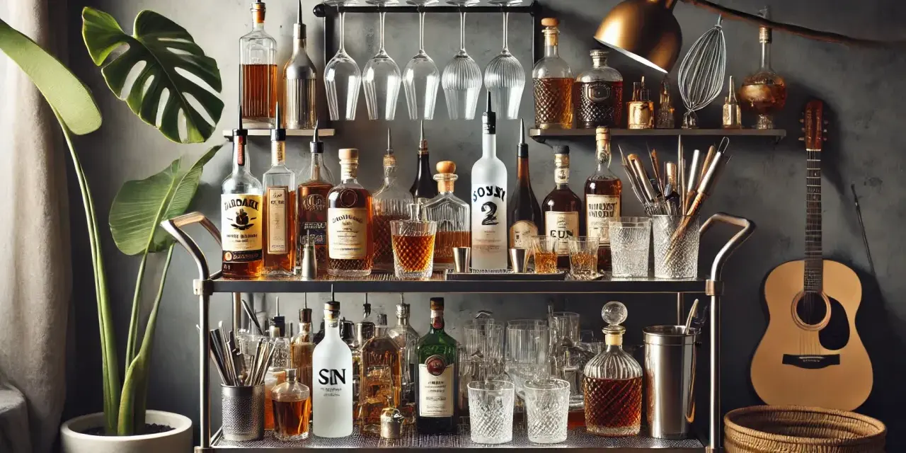 Stojak z alkoholem, gdzie widać butelki z różnymi trunkami, w tym rumem, kieliszki, rośliny i gitarę.