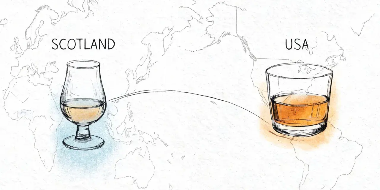 Szkocka whisky w kieliszku i amerykańska w szklance na tle mapy świata. Różne rodzaje whisky, różne kontynenty.