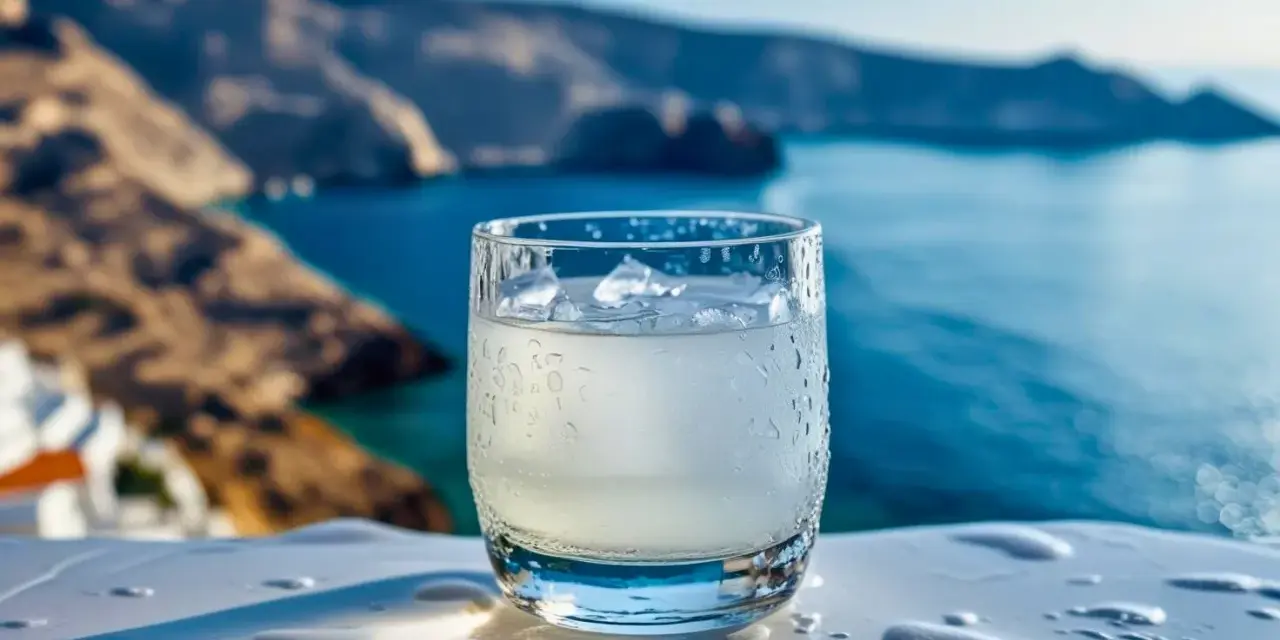 Szklanka orzeźwiającego ouzo z lodem, idealna na greckie wakacje. Zastanawiasz się, ouzo ile ma procent? Zazwyczaj 40-50%.