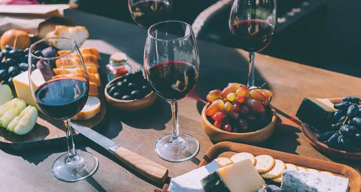 Degustacja merlot: jakie to wino? Kieliszki czerwonego wina, sery, winogrona, oliwki i pieczywo tworzą idealną kompozycję.