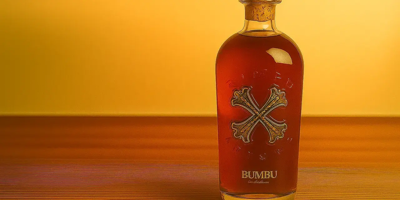 Butelka Bumbu rum z korkiem na drewnianym blacie. Jak pić ten rum? Ciesz się nim powoli, delektując się smakiem.