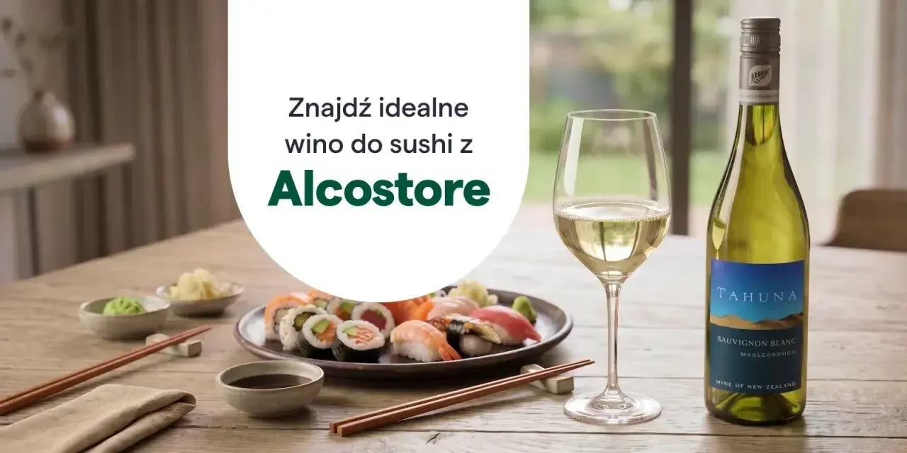 Idealne wino do sushi czeka! Zobacz, jakie wino do sushi wybrać z Alcostore. Na stole sushi, sos sojowy, wasabi i kieliszek białego wina.