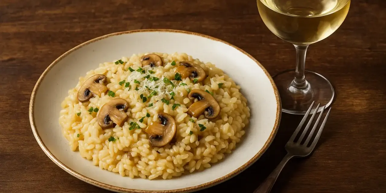 Kremowe risotto z grzybami i kieliszek białego wina. Idealne połączenie, jeśli zastanawiasz się, jakie wino do risotto.