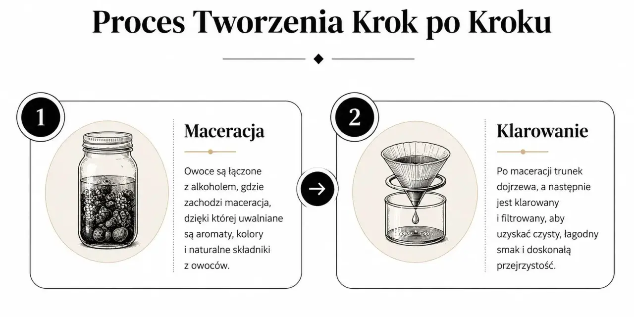 Proces tworzenia nalewki z malin: maceracja owoców z alkoholem w słoju, a następnie klarowanie i filtrowanie trunku.