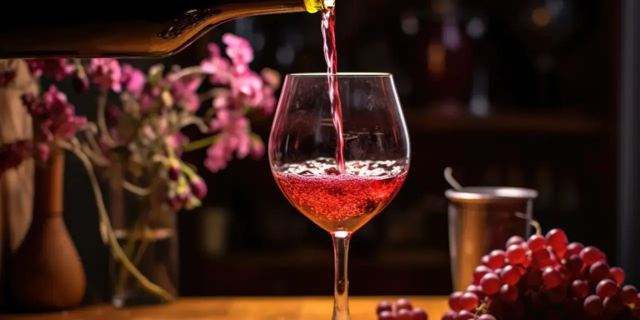 Czerwone, mocne wino z winogron nalewa się do kieliszka. Obok kiść winogron i kwiaty.