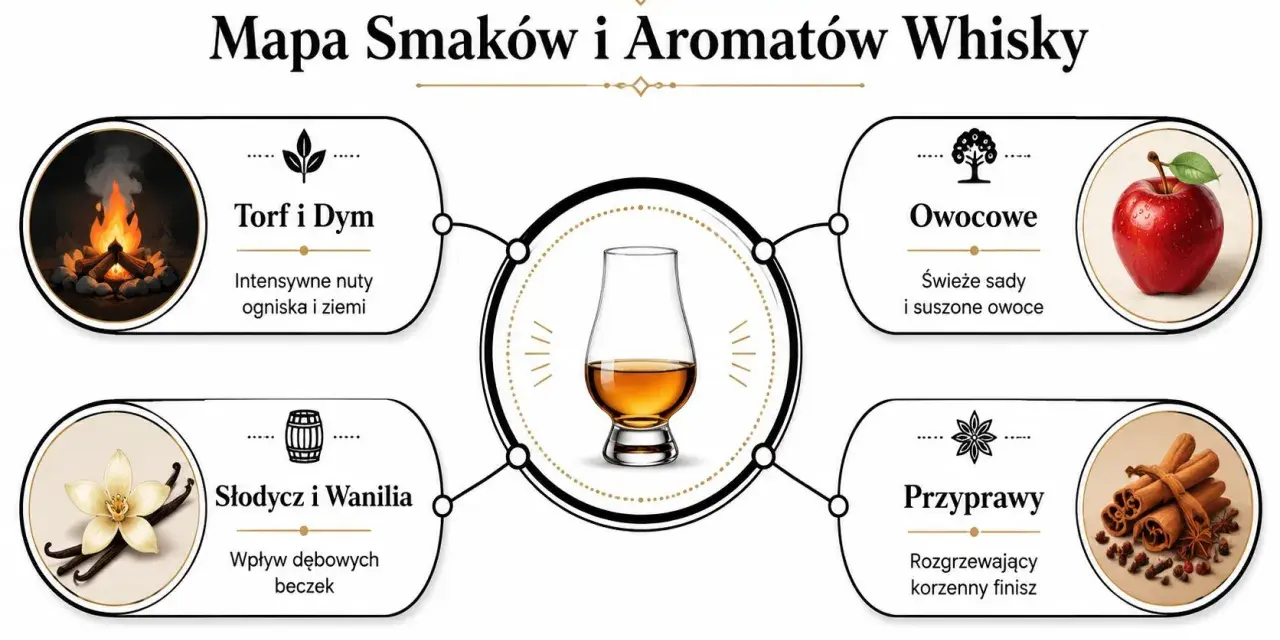 Mapa smaków whisky: torf i dym, słodycz i wanilia, owocowe, przyprawy. Odkryj, jak smakuje whisky, od nut dymnych po korzenne.