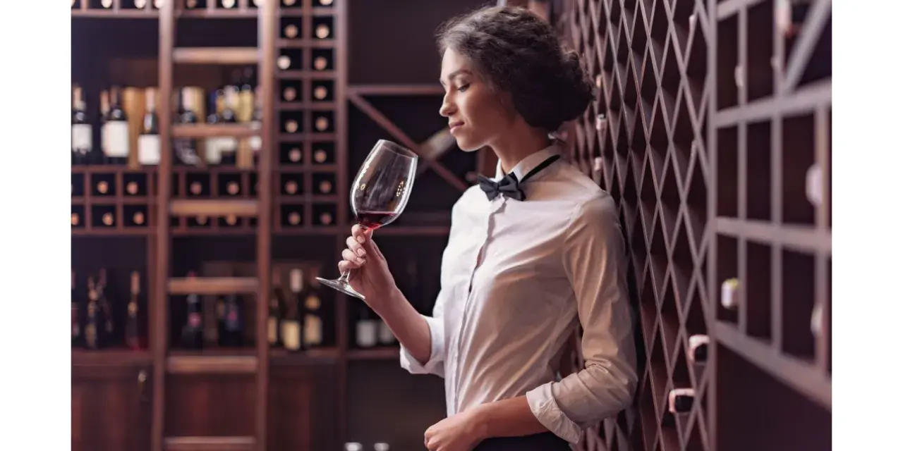 Elegancka sommelierka w piwnicy z winami ocenia aromat czerwonego wina.