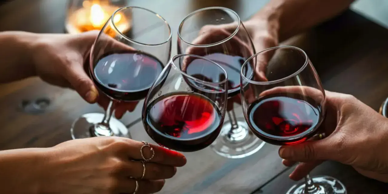 Czworo przyjaciół wznosi toasty kieliszkami z dobrym winem wytrawnym czerwonym, przy blasku świecy.