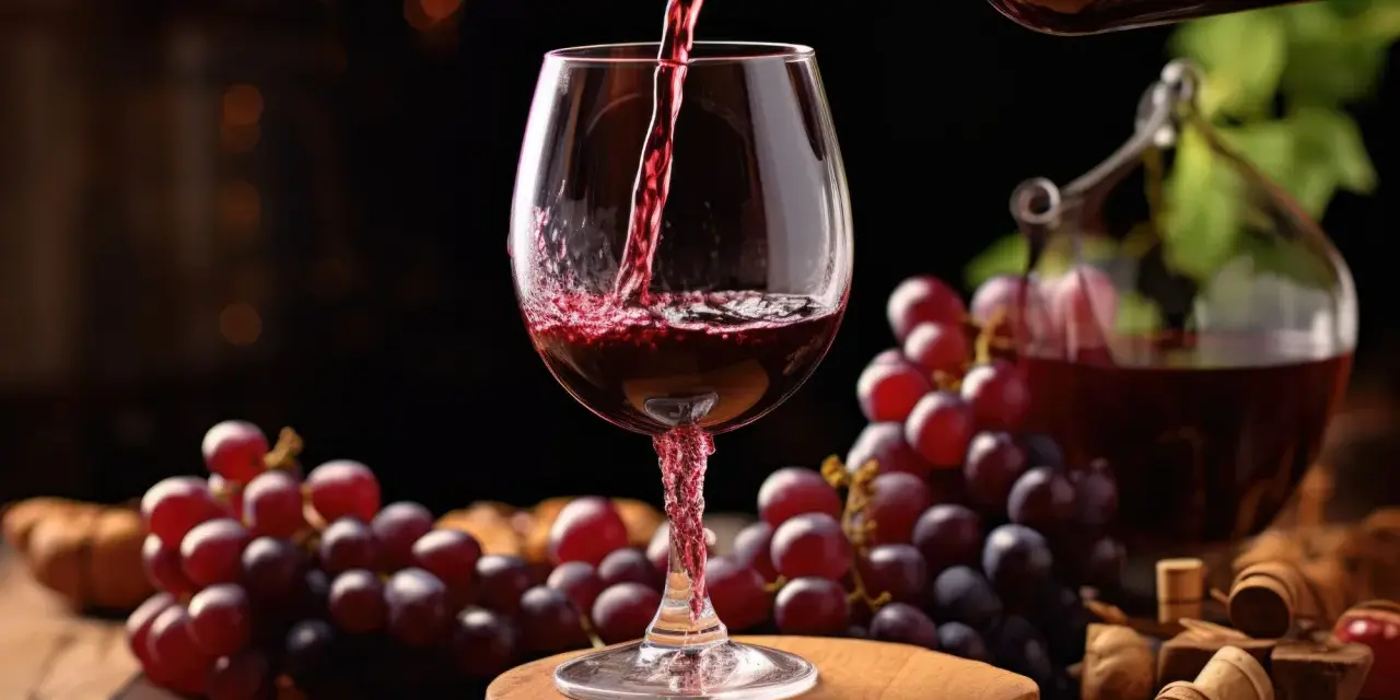 Czerwone wino nalewane do kieliszka, obok kiście winogron. Idealne na domowy przepis na wino z winogron 10l.