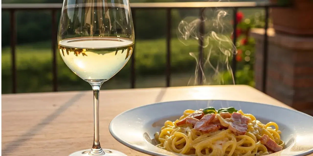 Pyszne spaghetti carbonara paruje, a obok kieliszek złocistego wina półwytrawnego. Idealny wieczór na tarasie.
