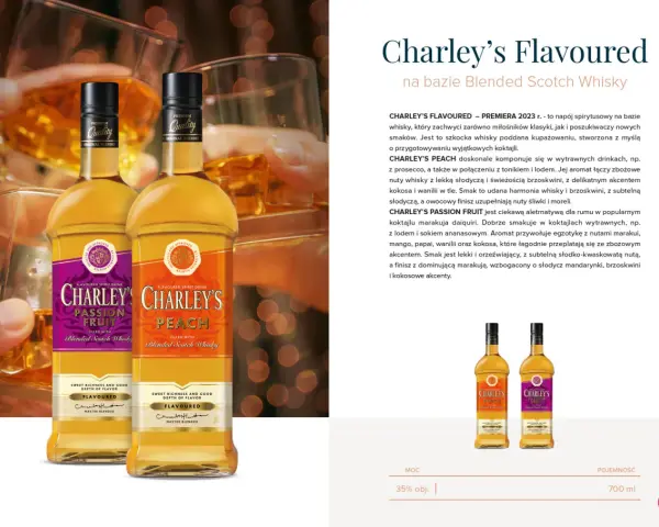 Dwie butelki Charley's Flavoured: brzoskwiniowa i marakuja. Opinie o Charley's whisky sugerują bogactwo smaków.