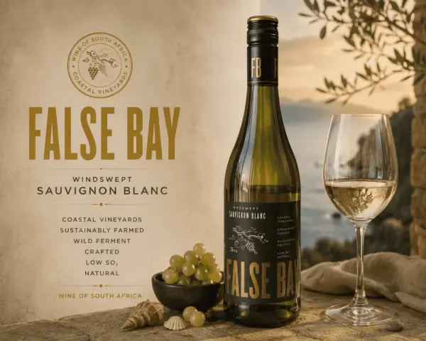 Butelka i kieliszek wina False Bay Sauvignon Blanc, z winogronami i muszlami. Poprawna sauvignon blanc wymowa to klucz do delektowania się tym winem.