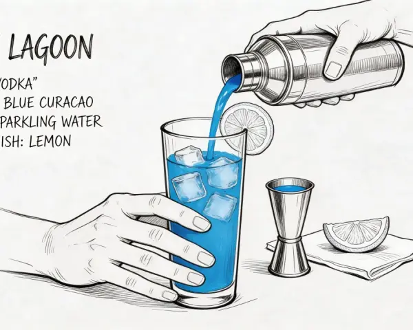 Niebieski alkohol, czyli Blue Lagoon, jest przelewany z shakera do szklanki z lodem. Obok leży cytryna i miarka barmańska.