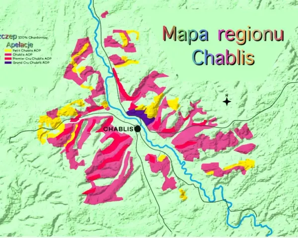 Mapa regionu Chablis, gdzie winorośl Chardonnay tworzy wina o różnych apelacjach: Petit Chablis, Chablis, Premier Cru i Grand Cru.