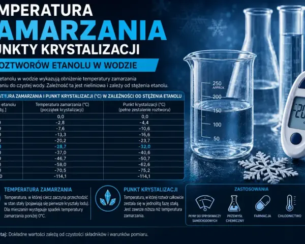 Tabela pokazuje, jak temperatura parowania alkoholu w roztworze z wodą zmienia się wraz ze stężeniem. Termometr pokazuje -20.5°C.