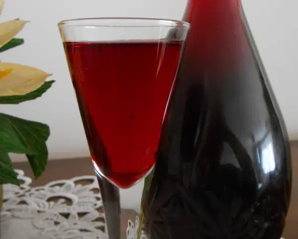Szklanka z nalewką z aronii mrożonej na wódce, obok ciemna butelka. W tle ozdobny kwiat.