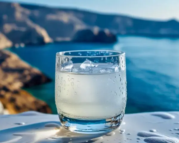 Szklanka orzeźwiającego ouzo z lodem, idealna na greckie wakacje. Zastanawiasz się, ouzo ile ma procent? Zazwyczaj 40-50%.
