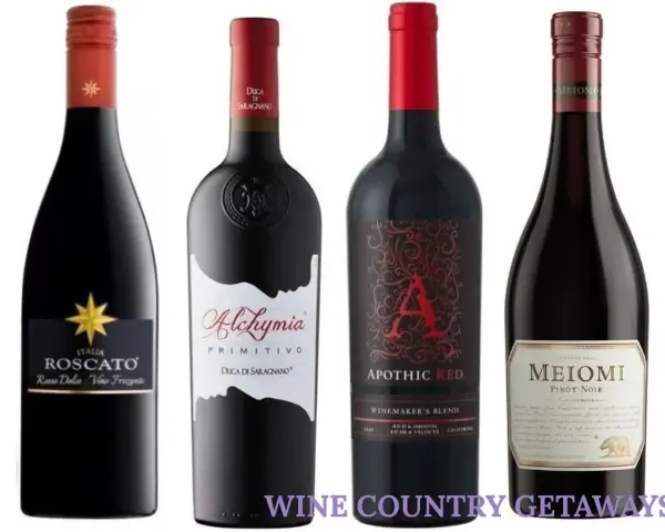 Różne butelki wina, w tym Roscato, Alchymia Primitivo i Apothic Red. Czy amabile wino to słodkie wino? Tak, często oznacza słodkie, przyjemne w smaku.