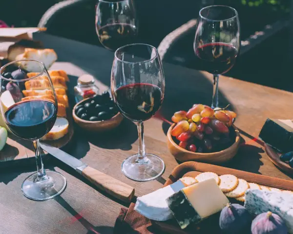Degustacja merlot: jakie to wino? Kieliszki czerwonego wina, sery, winogrona, oliwki i pieczywo tworzą idealną kompozycję.