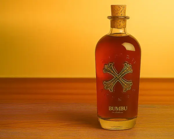 Butelka Bumbu rum z korkiem na drewnianym blacie. Jak pić ten rum? Ciesz się nim powoli, delektując się smakiem.