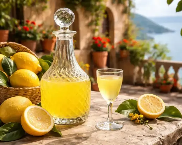 Słoneczny taras, koszyk cytryn i karafka z domowym limoncello. Idealny przepis na włoski likier.