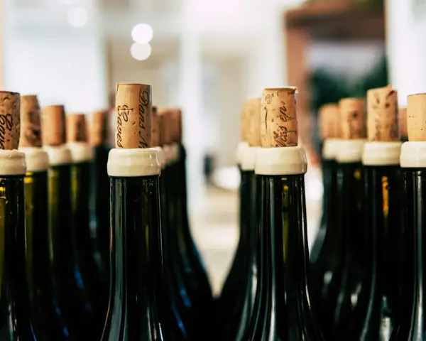 Rzędy butelek z korkami, gotowe na degustację. Każdy korek to obietnica smaku, jak wino wytrawne po włosku.