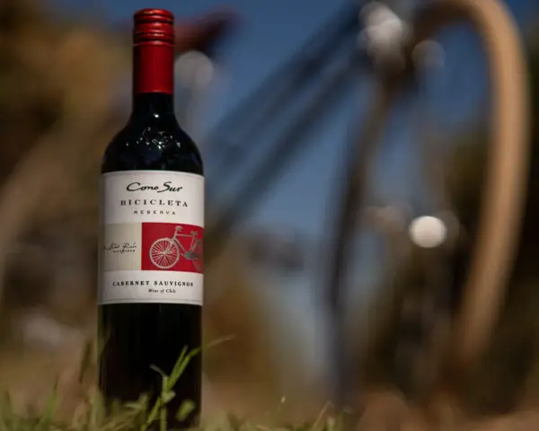 Butelka wina Cabernet Sauvignon z rowerem na etykiecie, stojąca na trawie.