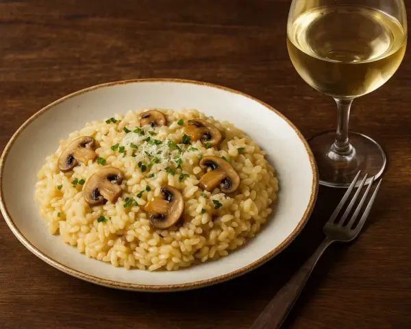 Kremowe risotto z grzybami i kieliszek białego wina. Idealne połączenie, jeśli zastanawiasz się, jakie wino do risotto.