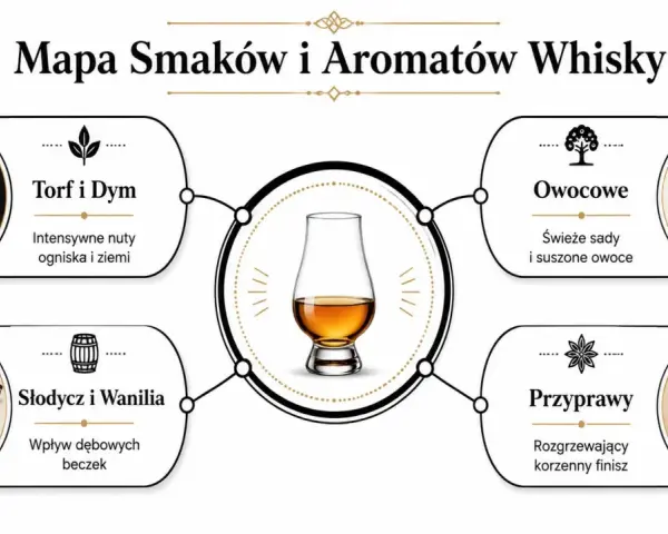 Mapa smaków whisky: torf i dym, słodycz i wanilia, owocowe, przyprawy. Odkryj, jak smakuje whisky, od nut dymnych po korzenne.