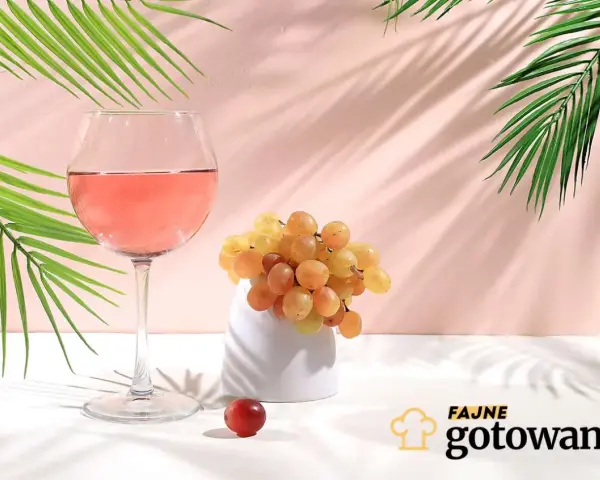 Szklanka z różowym napojem, kiść jasnych winogron i pojedyncze czerwone winogrono. W tle liście palmowe i różowa ściana.