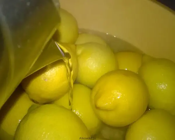 Woda z cytrynami w misce, przygotowanie do zrobienia wódki cytrynowej. Przepis na domową nalewkę.