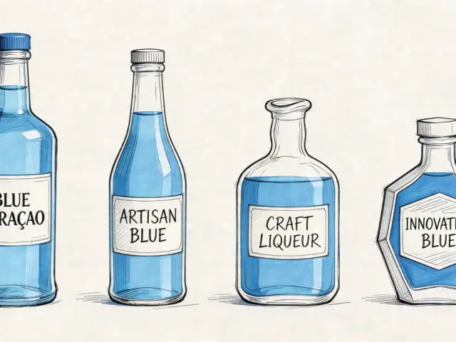 Cztery butelki z niebieskim likierem. Jedna z nich to klasyczny blue curacao smak, pozostałe to wariacje: Artisan Blue, Craft Liqueur, Innovative Blue.