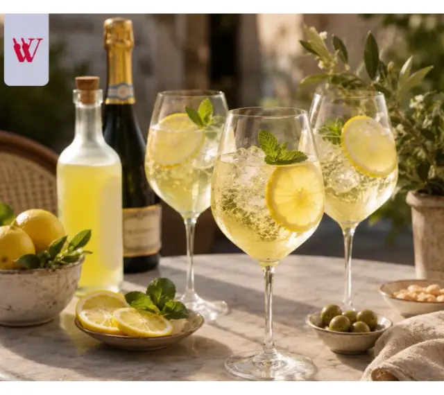 Orzeźwiający limoncello spritz z cytryną i miętą, obok butelki likieru, prosecco i świeżych cytryn.