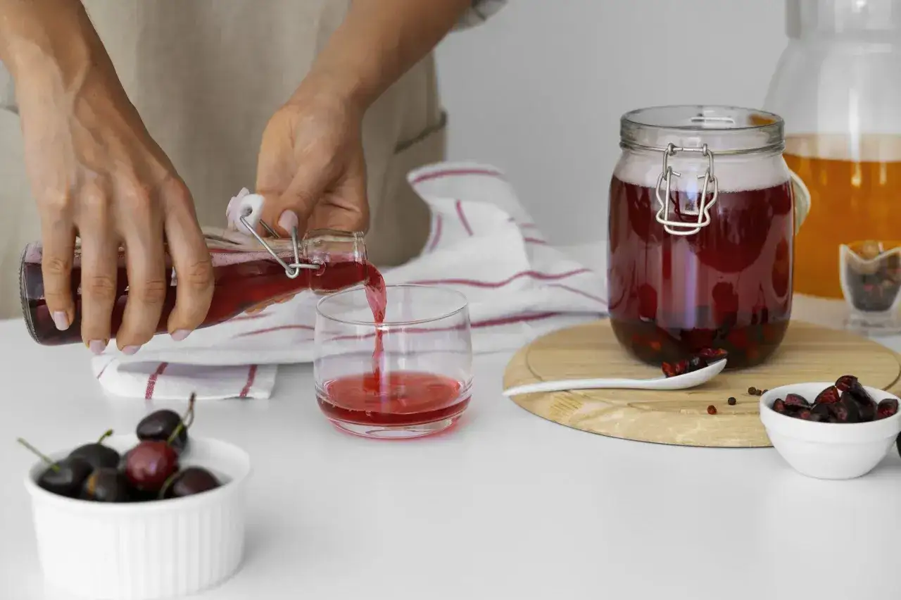 Ręce nalewają ciemnoczerwony płyn z butelki do szklanki. Obok stoi duży słój z wiśniami, sugerujący jak zrobić wino proporcje.