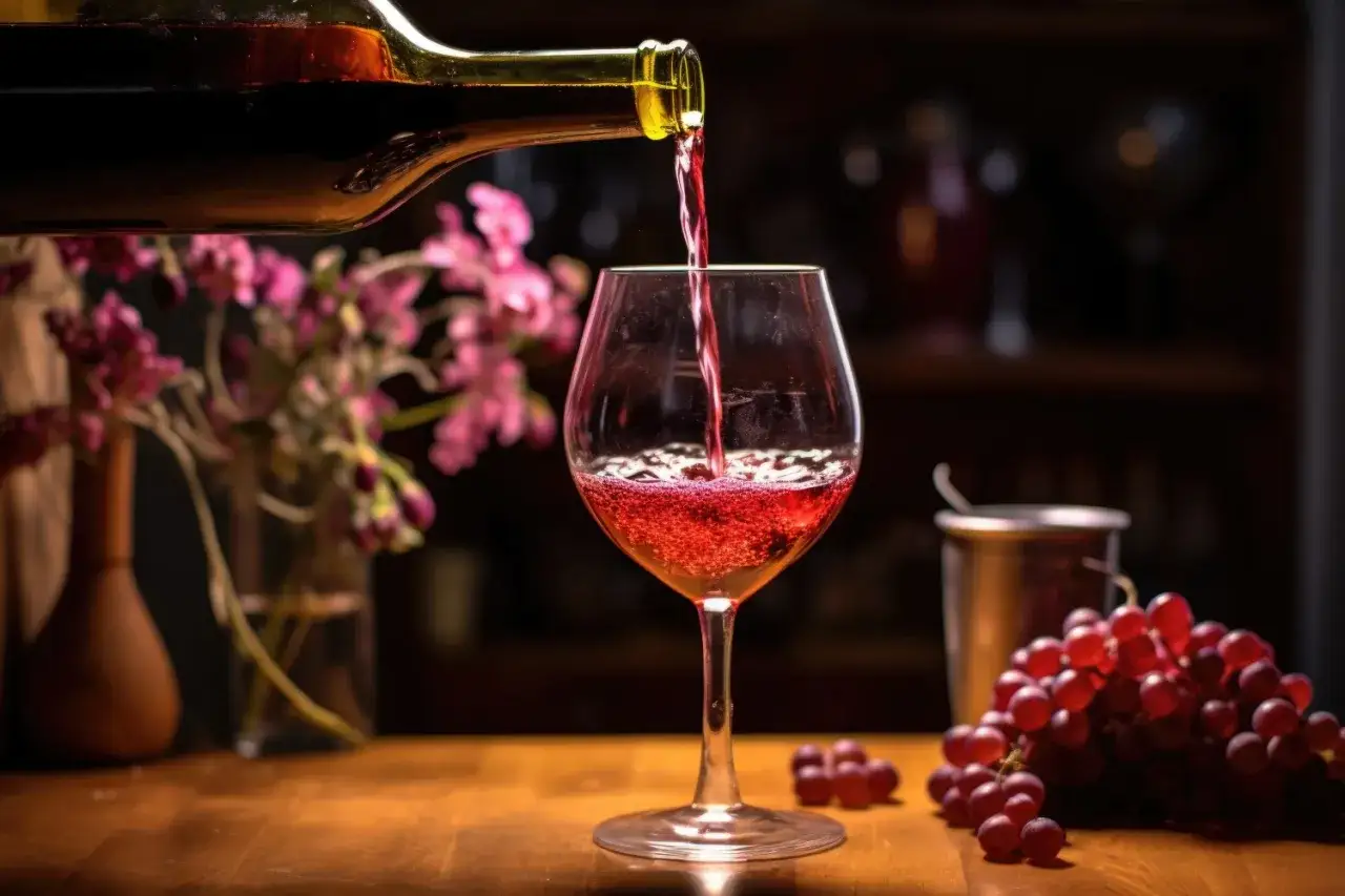 Czerwone, mocne wino z winogron nalewane do kieliszka. Obok kiść winogron i kwiaty.