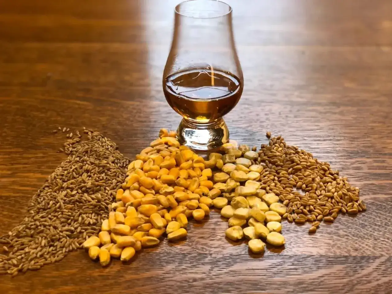 Szklanka bursztynowego bourbonu i whisky obok ziaren kukurydzy, pszenicy i żyta.