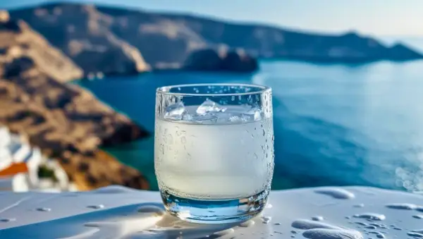 Szklanka orzeźwiającego ouzo z lodem, idealna na greckie wakacje. Zastanawiasz się, ouzo ile ma procent? Zazwyczaj 40-50%.